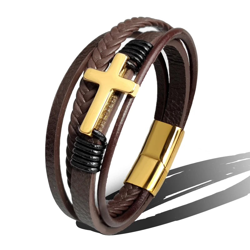 Charm Stainless Steel Leather Cross Brown/black Bracelet Men Hiphop Jewelry Magnetic Clasp Mutilayer Male - Visuel 7 | SAMAG