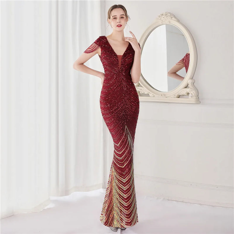 DEERVEADO Elegant V Neck Mermaid Evening Dress Long | SAMAG