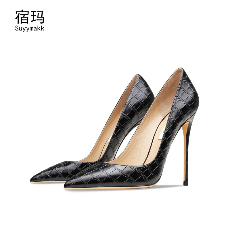 Heels For Women Real Leather Pumps Crocodile Pattern Luxury Black Women's Shoes Pointed Toe High Heels Ladies Prom Shoes Women