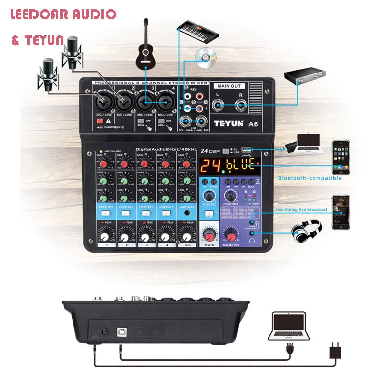 TEYUN 8 6 4 Channel DJ Sound Mixing Table 24 DSP Effect Audio Mixer Bluetooth PC USB Play Recording 48V Contoller Mixing Console