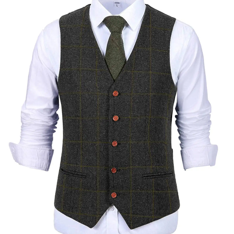 Men's Army Green Vest Plaid Soft Wool Brown Jacket Casual Gentleman Tweed Business Waistcoat For Groosmen Best Man For Wedding