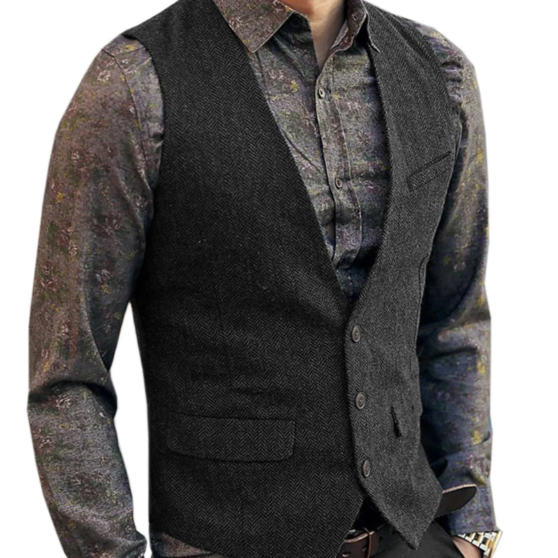 Men's V-Neck Suit Vests Fashion Formal Slim Fit Business Herringbone Dress Waistcoat for Tuxedo Wedding Party