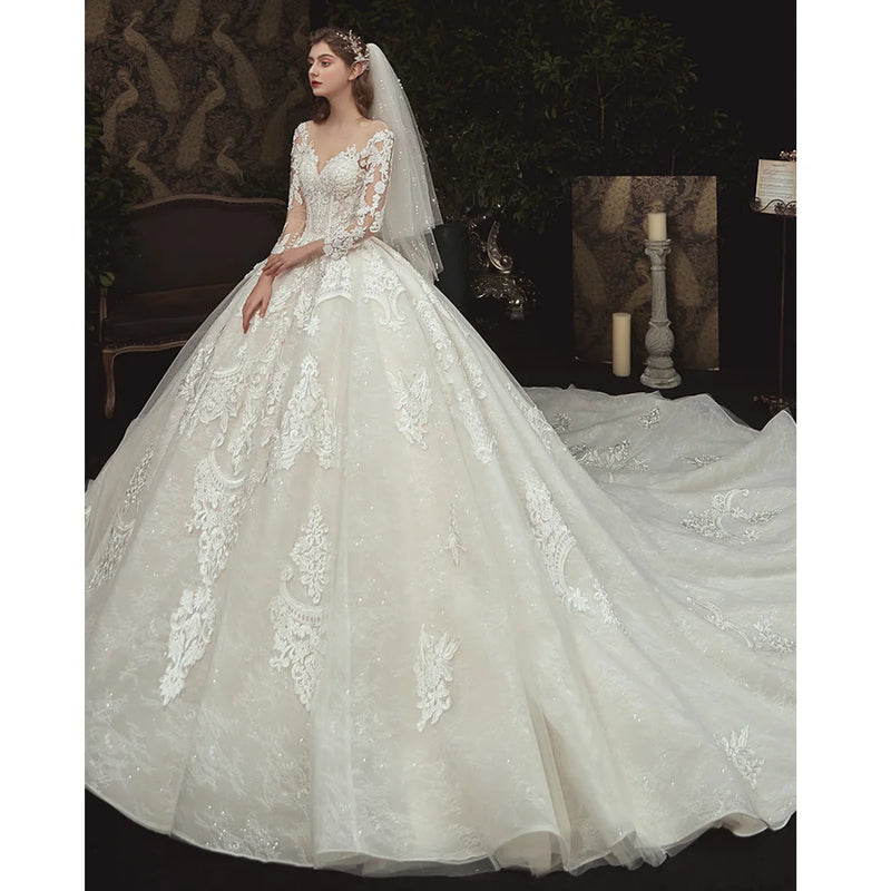 Beading Pearls Appliques Lace Illusion Princess Ball Gown - View 3 | SAMAG
