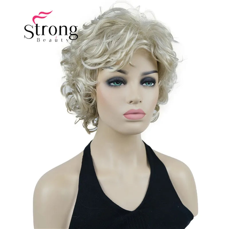 StrongBeauty Short Wig Soft Tousled Curls Blonde Highlights Full Synthetic Wigs COLOUR CHOICES