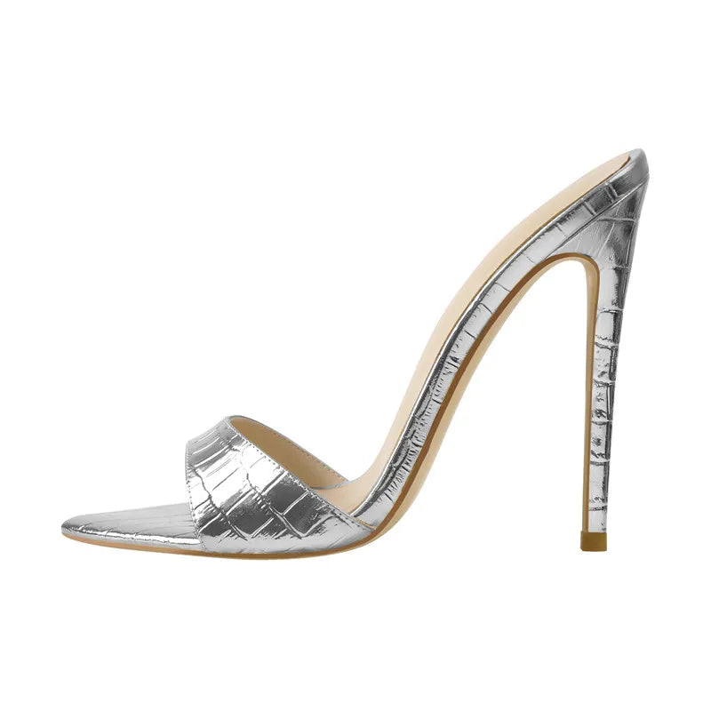 Onlymaker Women Peep Toe Mules Gold Slip On Thin High Sandals Big Size Classic Fashion Lady Sandals