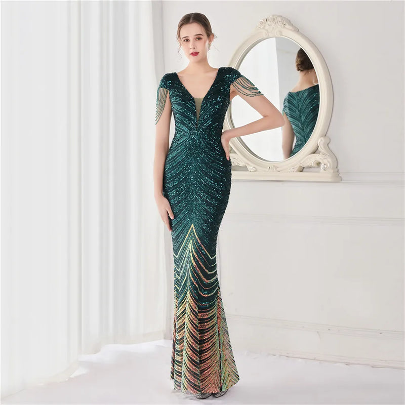 DEERVEADO Elegant V Neck Mermaid Evening Dress Long | SAMAG