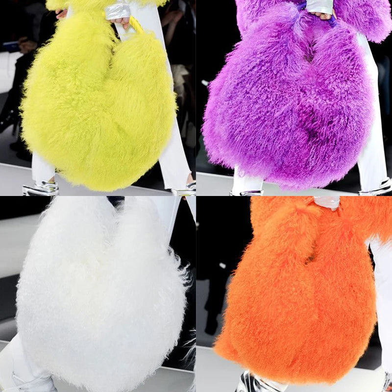 Luxury Real Mongolia Lamb Fur Handbag Soft Plush Genuine Leather Shoulder Boston Bag Women's Purse Hobo Style Fluffy Fuzzy Bags