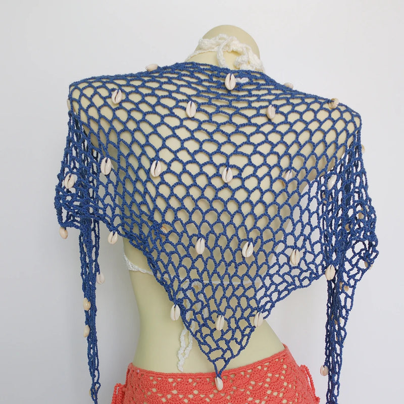 Women Triangle Shawl With Seashell Sexy Bikini Cover Up Sunscreen Nets Skirt Mesh Tunic Pareo Beachwear