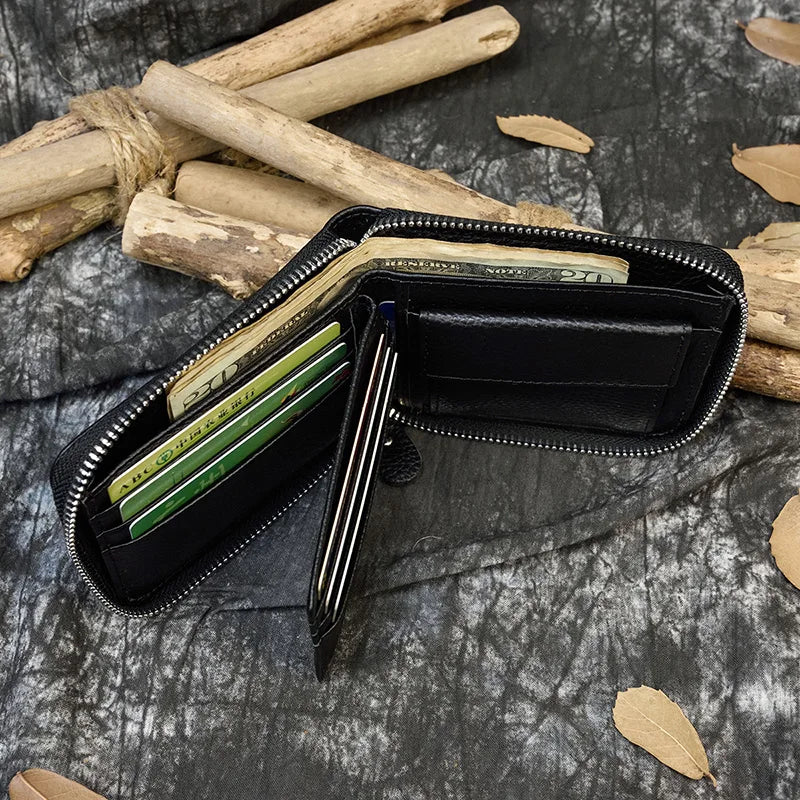 Men Crazy horse Genuine Leather Coin Wallet Real Leather Snap Short Purse Women Coin Pocket Zip Around Small Trifold Pocket