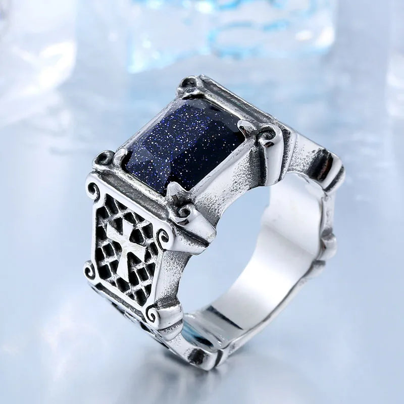 BEIER Stainless steel Cool Unique Black Stone Ring Titanium Steel Retro Old Totem Jewelry For Man Factory Price Sale BR8-334