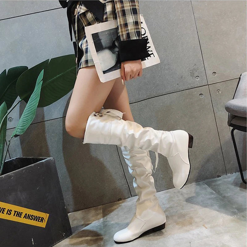Shoes For Women 2022 Spring Knee High Boots Red Black White Tall Boots Woman Pleated Low Heel Casual Leather Female Long Shoes