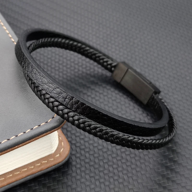 MingAo Designer Charm New Simple Brown Leather Bracelet for Men Stainless Steel Magnetic Clasp Fashion Men Jewelry Bangles Gift