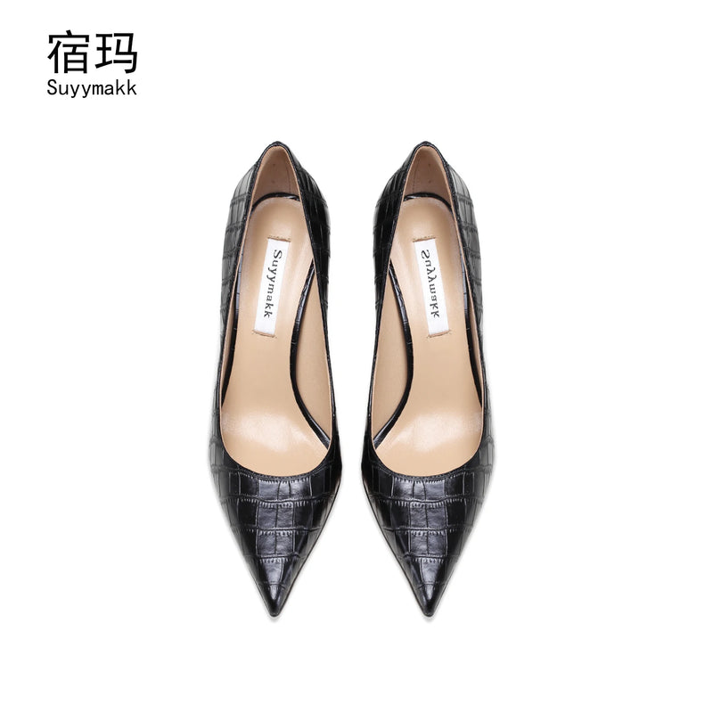 Heels For Women Real Leather Pumps Crocodile Pattern Luxury Black Women's Shoes Pointed Toe High Heels Ladies Prom Shoes Women