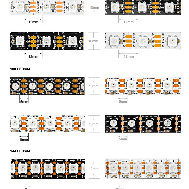 WS2812B RGB IC LED Strip Light 1m 2m 4m 5m Addressable Individually WS2812 30 60 100 144 LEDs Magic Black White PCB DC5V IP30
