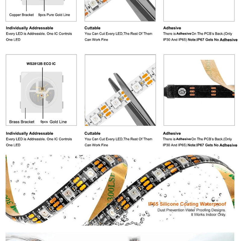 WS2812B RGB IC LED Strip Light 1m 2m 4m 5m Addressable Individually WS2812 30 60 100 144 LEDs Magic Black White PCB DC5V IP30