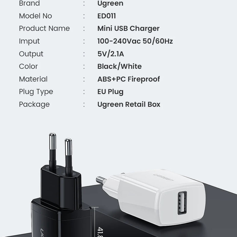 Ugreen 5V 2.1A USB Charger for iPhone 16 15 14 iPad Fast Wall Charger EU Adapter for Samsung S9 Xiaomi Mi 8 Mobile Phone Charger