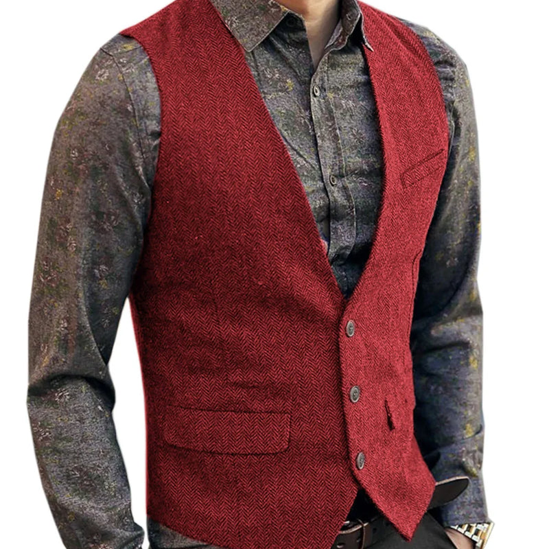 Slim Mens Vest Tweed Waistcoat Vest Vintage Herringbone V-neck Casual Wool Groomsmen Suits Vest For Wedding XS-5XL