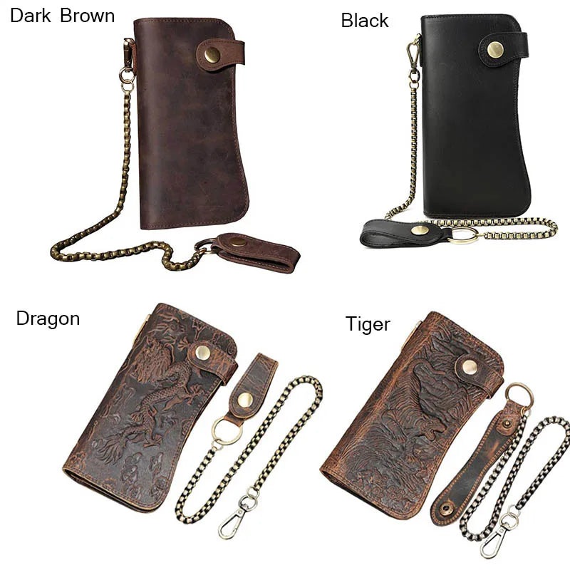 Men's Vintage Crazy Horse Leather Chain Wallet Genuine Leather Bifold Long Wallet Snap Card Holder Purse Zipper Coin Rfid Pocket
