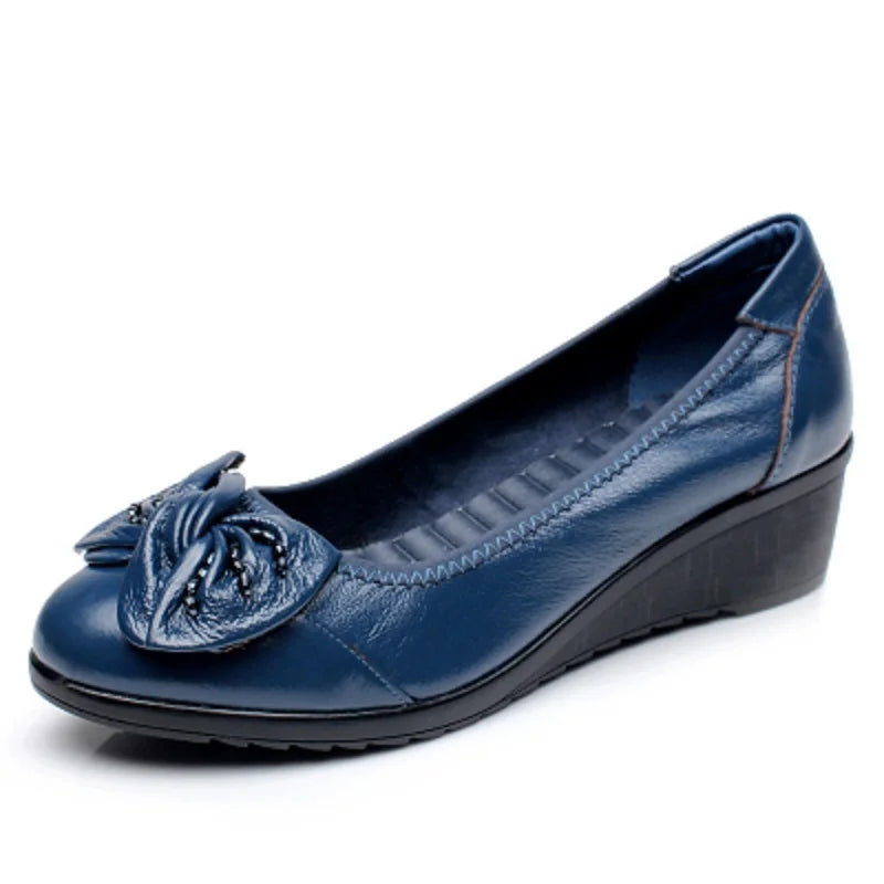 EOFK Women Pumps Genuine Leather Shoes Wedges Low Heel Soft Butterfly Knot Round Toe Shallow Comfortable Ladies Mother Loafers