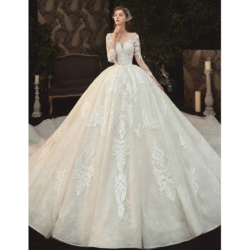 Beading Pearls Appliques Lace Illusion Princess Ball Gown - View 2 | SAMAG