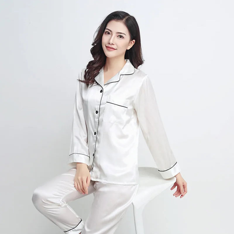 100% Mulberry Silk 22 momme 30 momme thick Women Classical Pajama Set Top and Bottom Set Sleepwear Nightgown S M L XL 2XL LS101