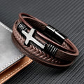 Charm Stainless Steel Leather Cross Brown/black Bracelet Men Hiphop Jewelry Magnetic Clasp Mutilayer Male Cuff Wrap | SAMAG