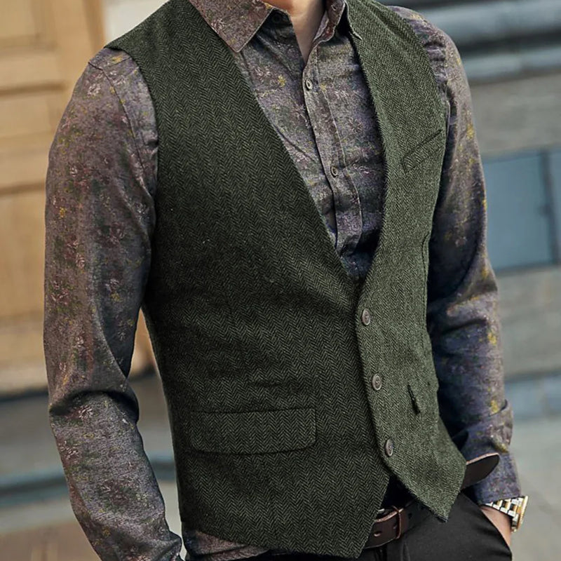 Slim Mens Vest Tweed Waistcoat Vest Vintage Herringbone V-neck Casual Wool Groomsmen Suits Vest For Wedding XS-5XL