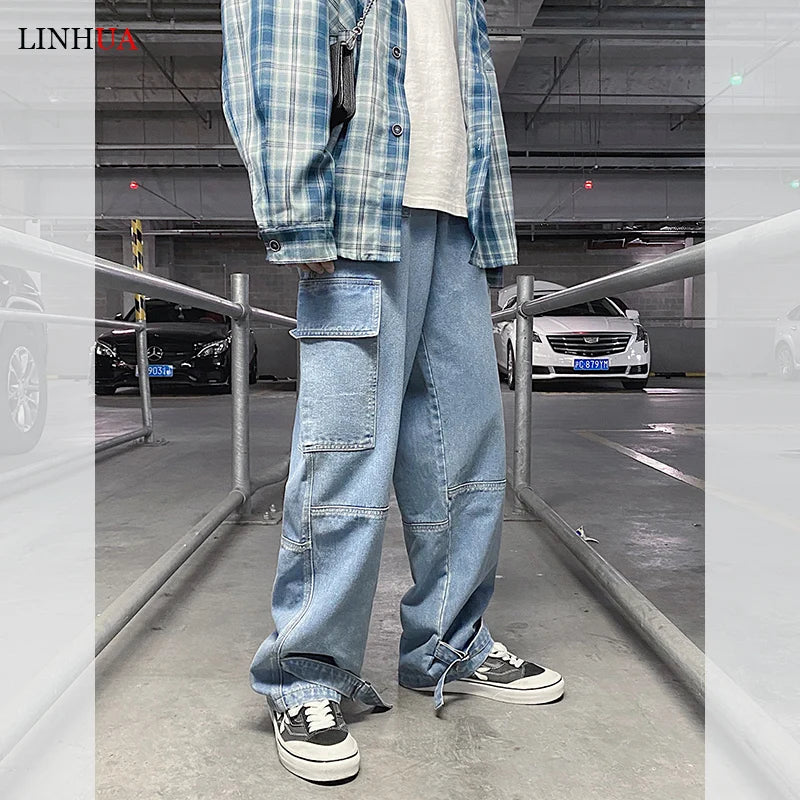 LINHUA Men Wide Leg Jeans Spring cargo pants Hip Hop | SAMAG