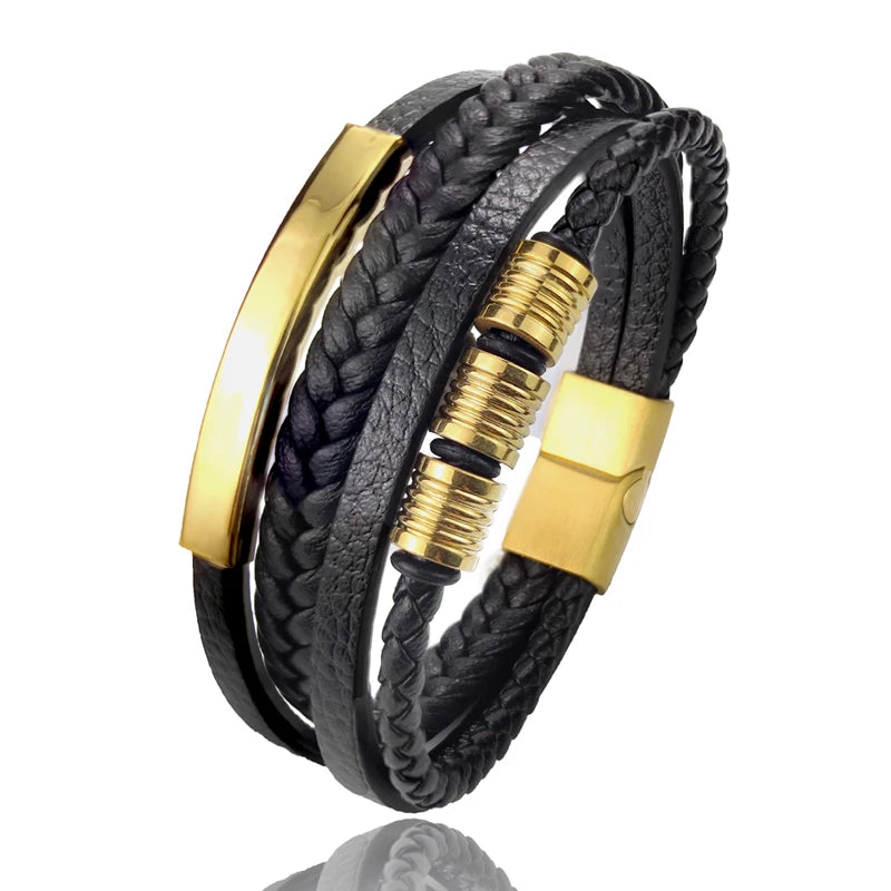 New Hot Sale Multi-Layer Stainless Steel Genuine Leather Bracelet For Mens Magnetic Clasp Bangles Office Accessories Jewelry