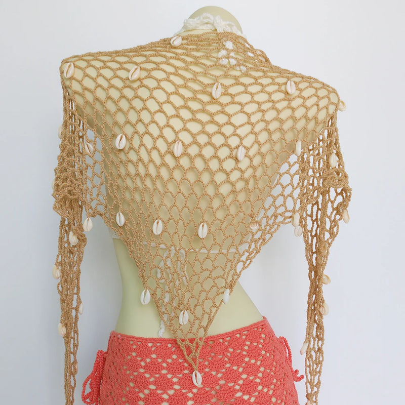 Women Triangle Shawl With Seashell Sexy Bikini Cover Up Sunscreen Nets Skirt Mesh Tunic Pareo Beachwear