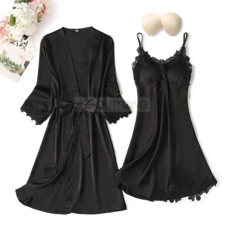 Pajama Set Women Lace Trim Satin Sleepwear Pyjamas | SAMAG