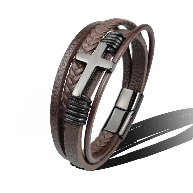 Charm Stainless Steel Leather Cross Brown/black Bracelet Men Hiphop Jewelry Magnetic Clasp Mutilayer Male - Visuel 11 | SAMAG