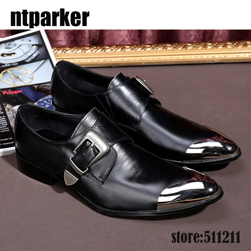 ntparker Fashion Men's leather shoes buckle strap pointy Mteal Front Cap high heels Business dress oxford shoes for men