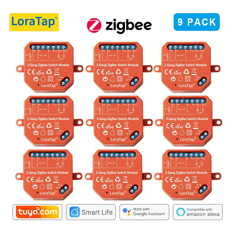 LoraTap Tuya ZigBee 3.0 2 Gang Light Switch Relay Module Google Home Alexa Echo Remote Control Work with Zigbee2MQTT DIY