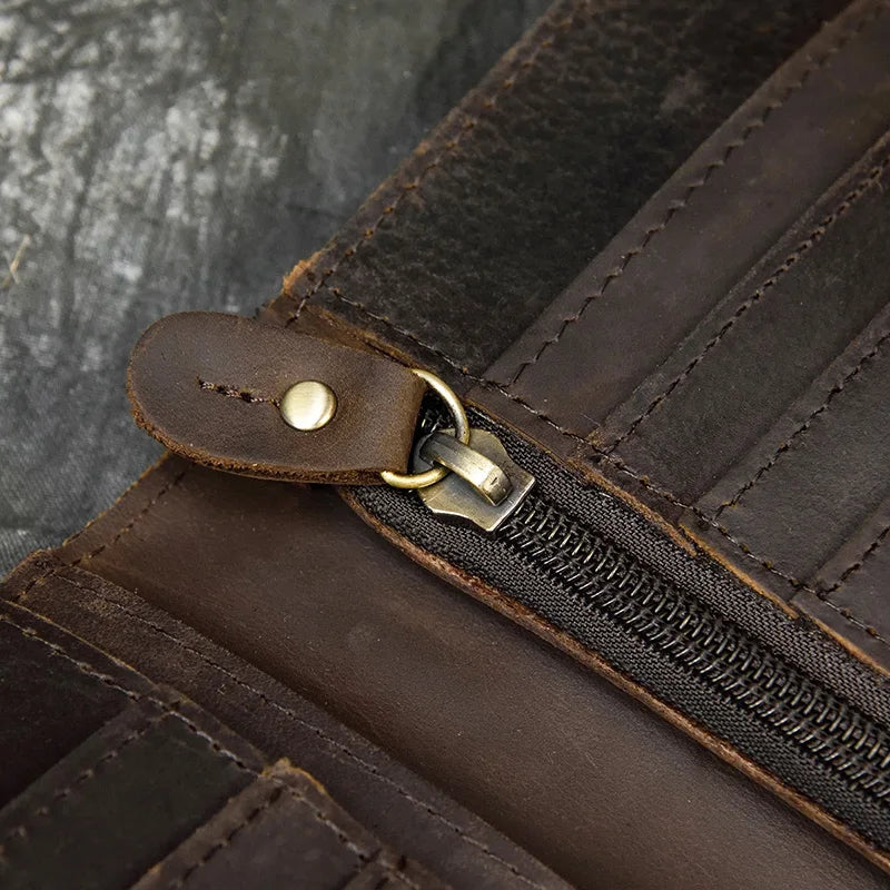 Men's Vintage Crazy Horse Leather Chain Wallet Genuine Leather Bifold Long Wallet Snap Card Holder Purse Zipper Coin Rfid Pocket