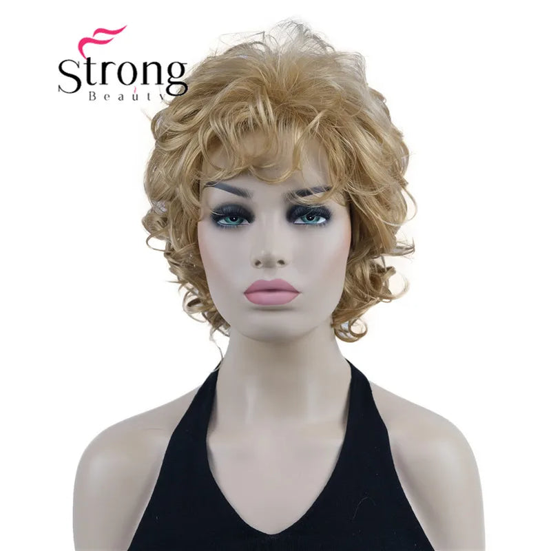 StrongBeauty Short Wig Soft Tousled Curls Blonde Highlights Full Synthetic Wigs COLOUR CHOICES