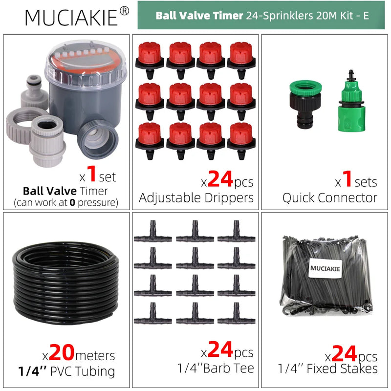 MUCIAKIE 5-50 Meters Ball Valve Timer Garden Watering System Irrigation Drip Kits Automatic Spray for Plants Adjustable Nozzles