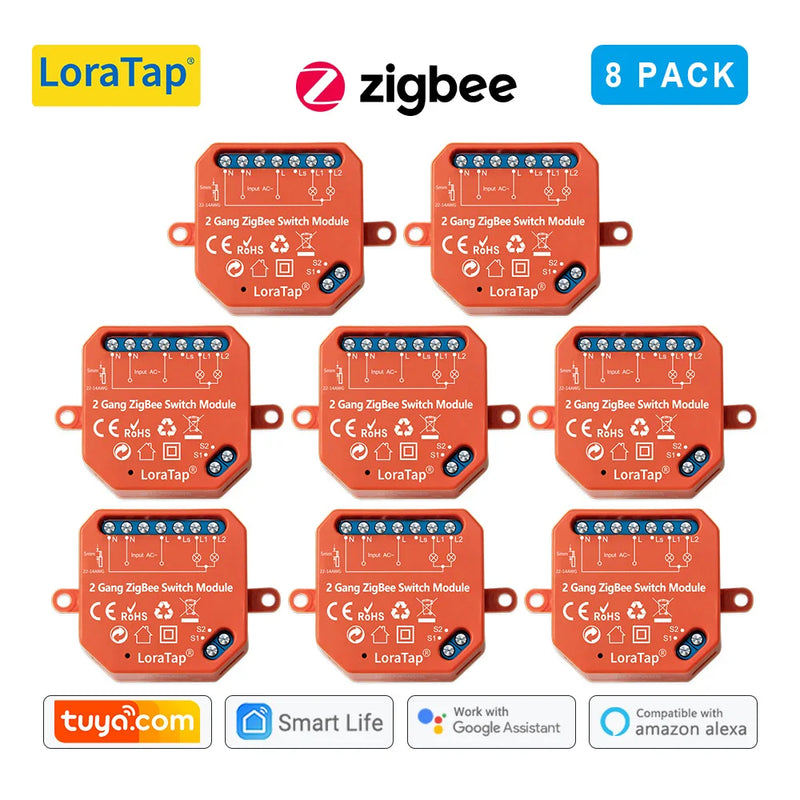 LoraTap Tuya ZigBee 3.0 2 Gang Light Switch Relay Module Google Home Alexa Echo Remote Control Work with Zigbee2MQTT DIY