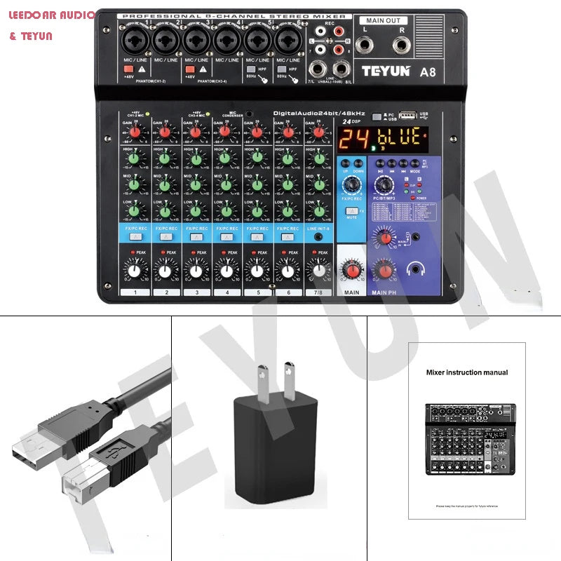TEYUN 8 6 4 Channel DJ Sound Mixing Table 24 DSP Effect Audio Mixer Bluetooth PC USB Play Recording 48V Contoller Mixing Console