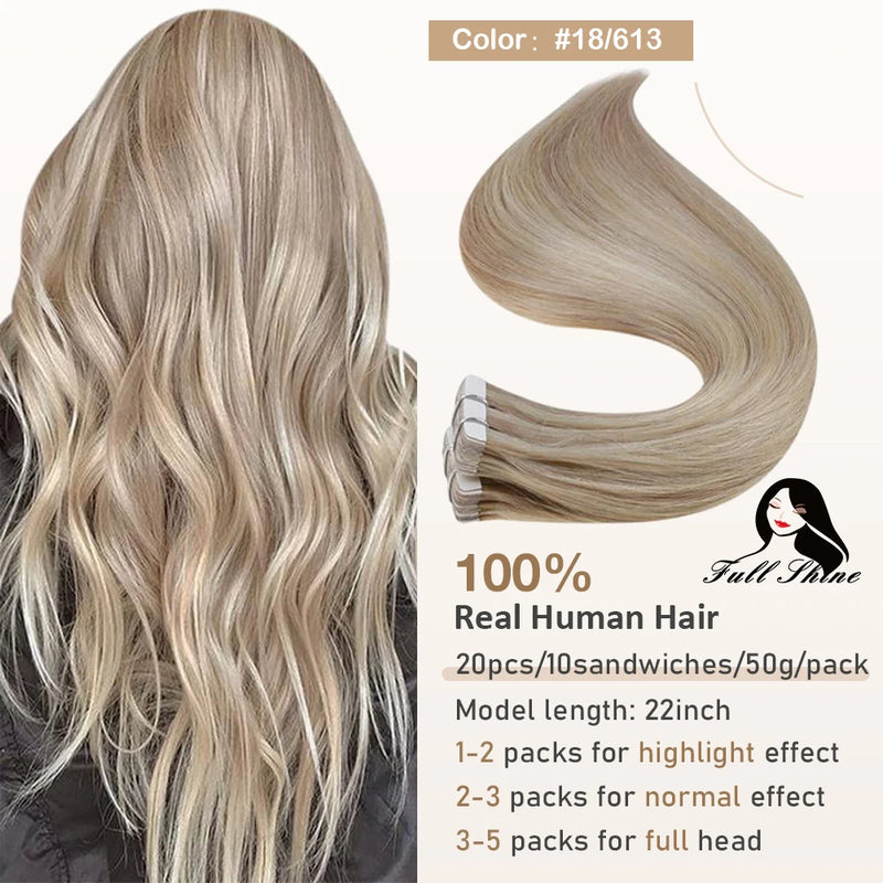 Full Shine Tape In Hair Extensions Human Hair 100% Remy Natural Human Hair Seamless Skin Weft Seamless Color Glue For Women