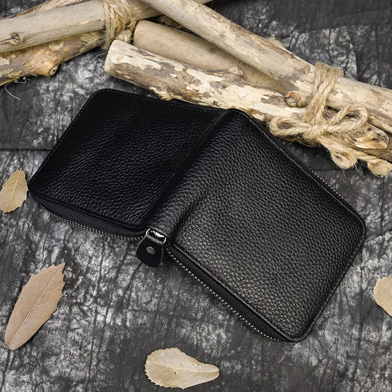 Men Crazy horse Genuine Leather Coin Wallet Real Leather Snap Short Purse Women Coin Pocket Zip Around Small Trifold Pocket