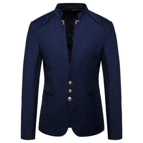 Men's Black Stand Up Collar Blazer Coat, Wedding Party Dress Jacket, Asia Sizes Slim-Fit Single Breasted Jaqueta, Blue Red Tops.