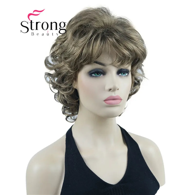 StrongBeauty Short Wig Soft Tousled Curls Blonde Highlights Full Synthetic Wigs COLOUR CHOICES
