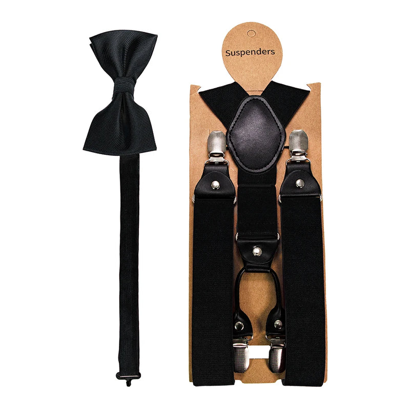 Fashion Suspenders Men Elastic Band Bowtie Set Leather 6 Clips Brace Male Vintage Casual Wedding Party - Visuel 2 | SAMAG