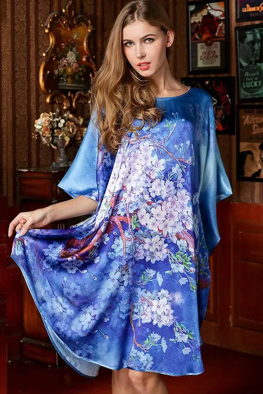 19MM100% Mulberry Silk Nightgowns For Women  Long Silk Nightgown Women Nightdress  Floral Real Silk sleepwear Ladies Female Gift