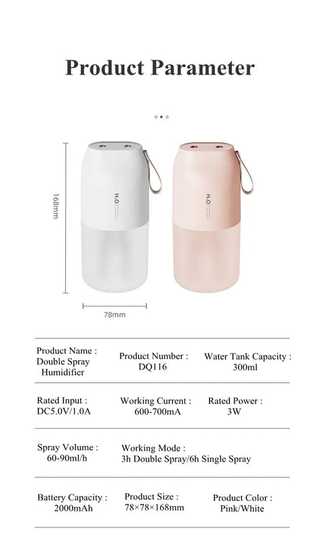 300ml Dual Sprayer Air Humidifier 2000mAh USB Rechargeable Battery Wireless Aroma Mist Maker Fogger Diffuser Light Umidificador