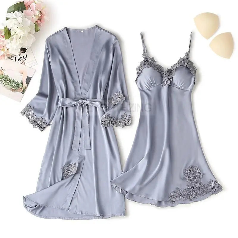 Pajama Set Women Lace Trim Satin Sleepwear Pyjamas | SAMAG