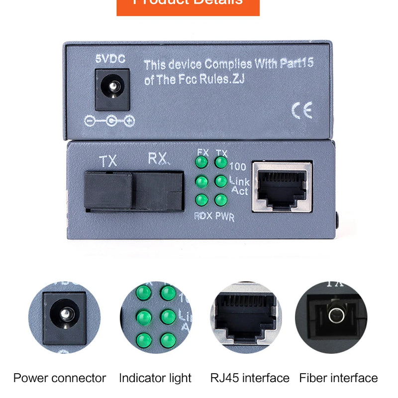 1 Pair HTB-GS-03 A/B Gigabit Fiber Optical Media Converter 1000Mbps Single Mode Single Fiber SC Port 20KM External Power Supply