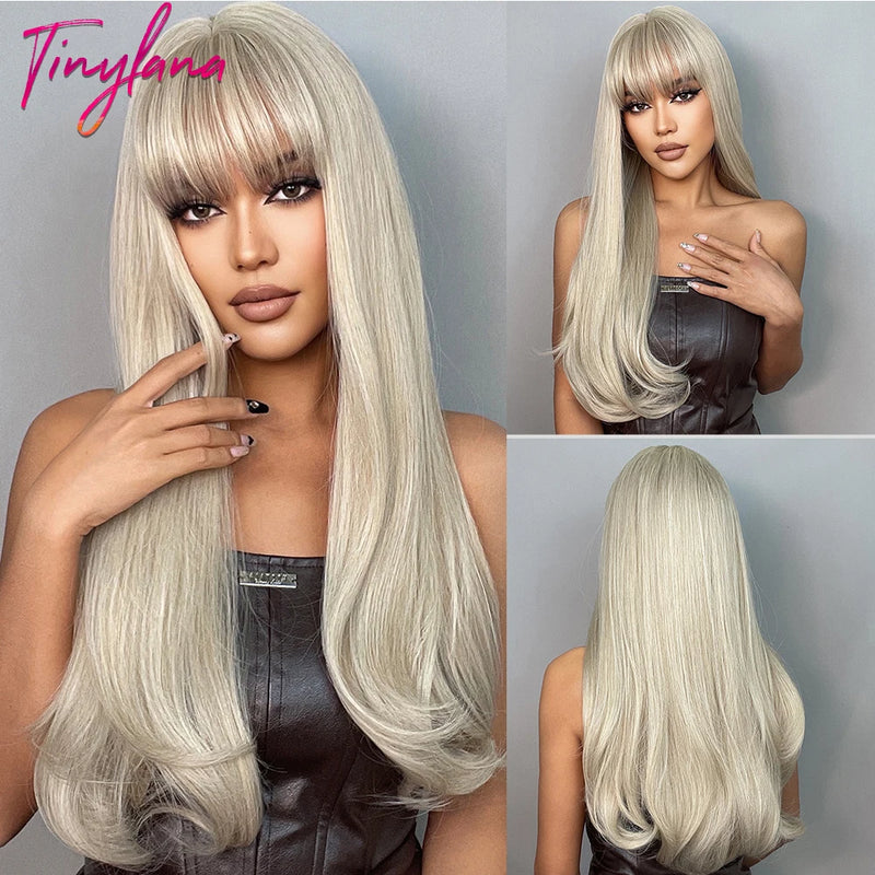 TINY LANA Natural Black Long Wavy Synthetic Wig with Bangs for Women Body Wave Dark Brown Wigs Cosplay Daily Hair Heat Resistant