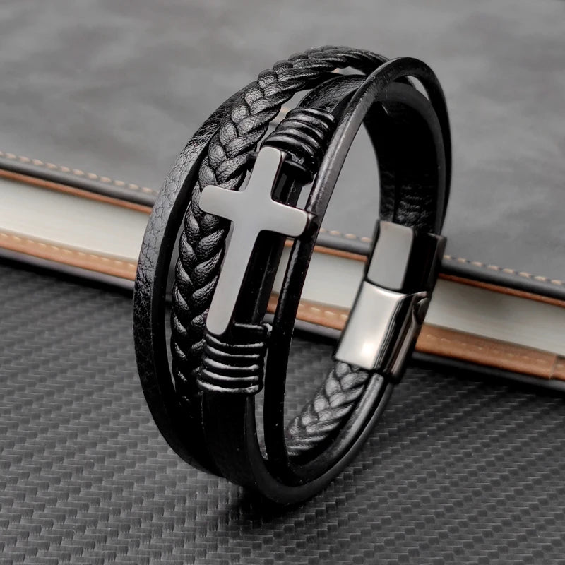 Charm Stainless Steel Leather Cross Brown/black Bracelet Men Hiphop Jewelry Magnetic Clasp Mutilayer Male - Visuel 4 | SAMAG